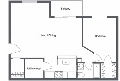 Floor plan for 1 bed, 1 bath, 682 sqft